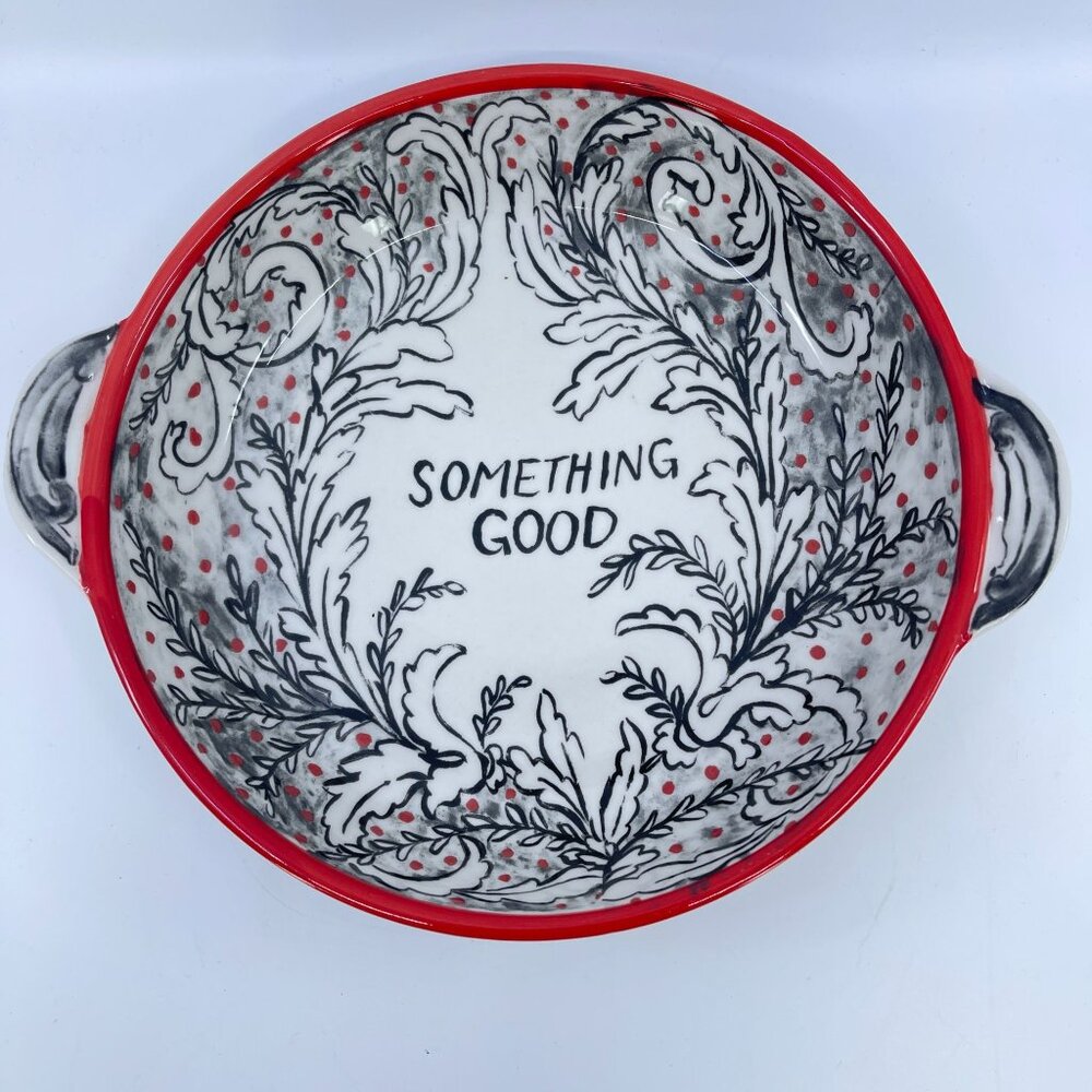 molly hatch anthropologie "something good" casserole dish handles red & black